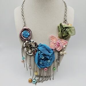 VINTAGE Yousi You & I Wearable Art Fabric and Metal Statement Necklace